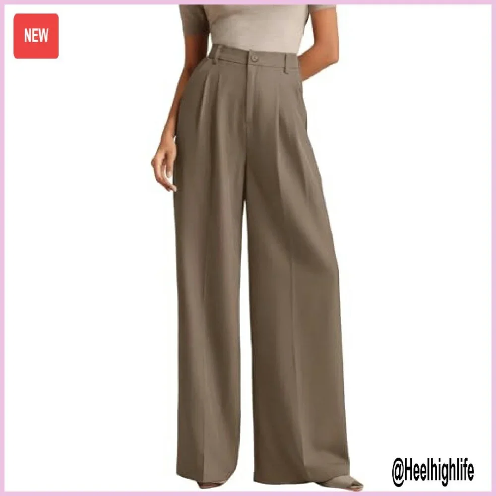 Women's Wide Leg Dress Pants High Waist Elastic Back Flowy Trousers - Picture 2 of 8